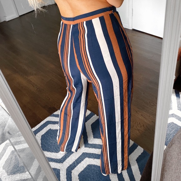 🍂 TOPSHOP DARK BLUE BURNT ORANGE WIDE LEG HIGH WAIST STRIPE PANTS! - Picture 4 of 12